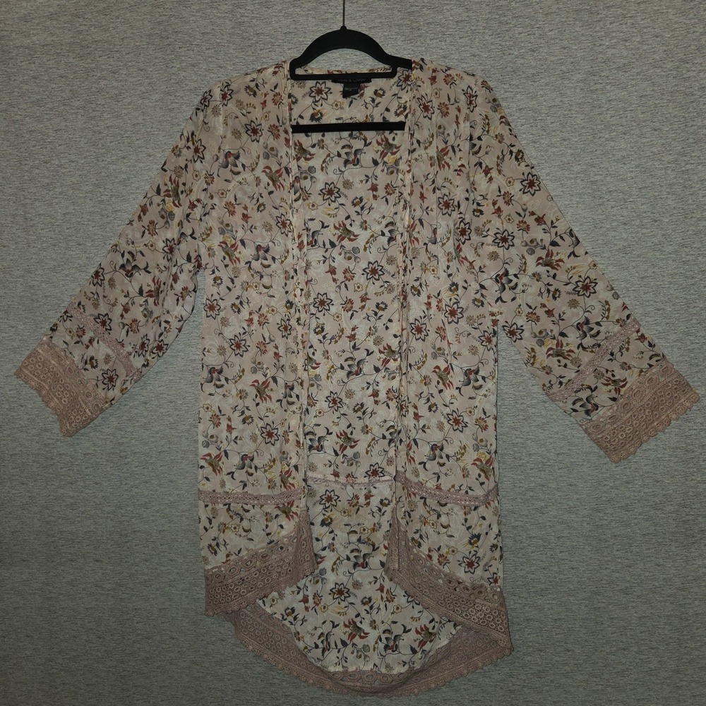 Alisha & Chloe Floral Cardigan Crochet Wrap Beige Open Front Boho Women's Medium